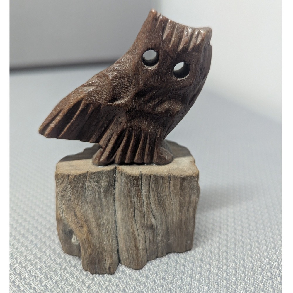 Vintage Hand Carved Wooden Owl Figurine on Natural Wood Base Rustic Folk Art